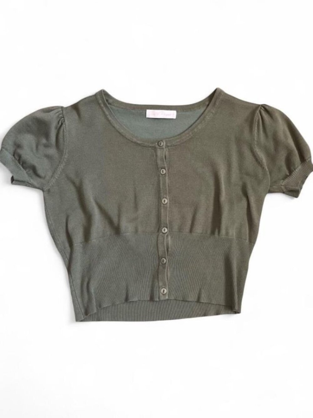 Belle Poque Green Scoop Neck Puff Sleeve Stretch Knit Button Front Cardigan S
